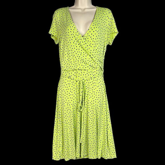 Lands End Dress Womens Jersey Knit Small 6-8 Surplice Faux Wrap Green Polka Dots - Picture 2 of 15